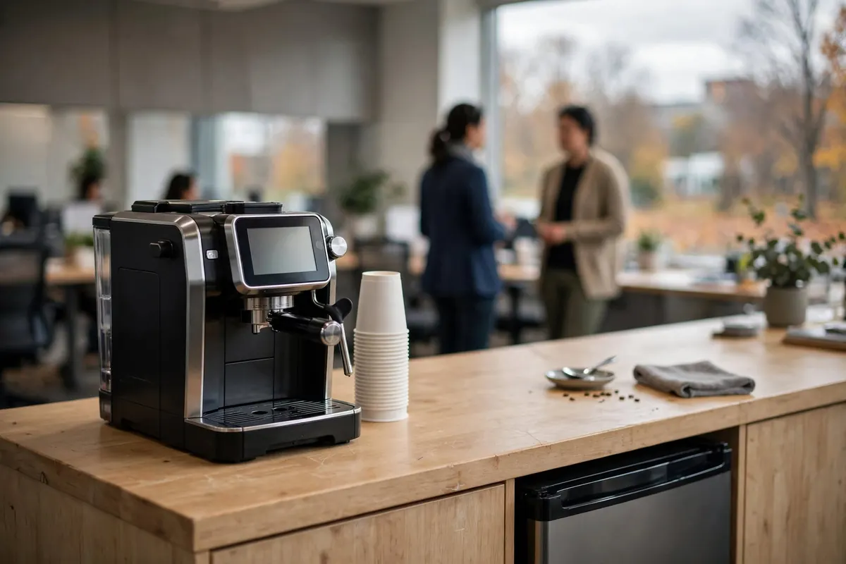 Office kitchen counter with a bean-to-cup coffee station and paper cups