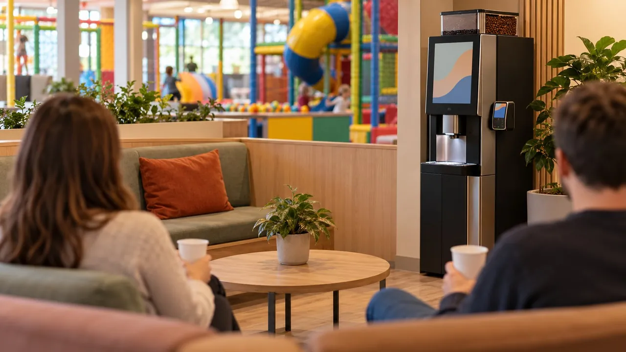 Parents&rsquo; waiting area of an indoor play centre with a self-service coffee station by the wall